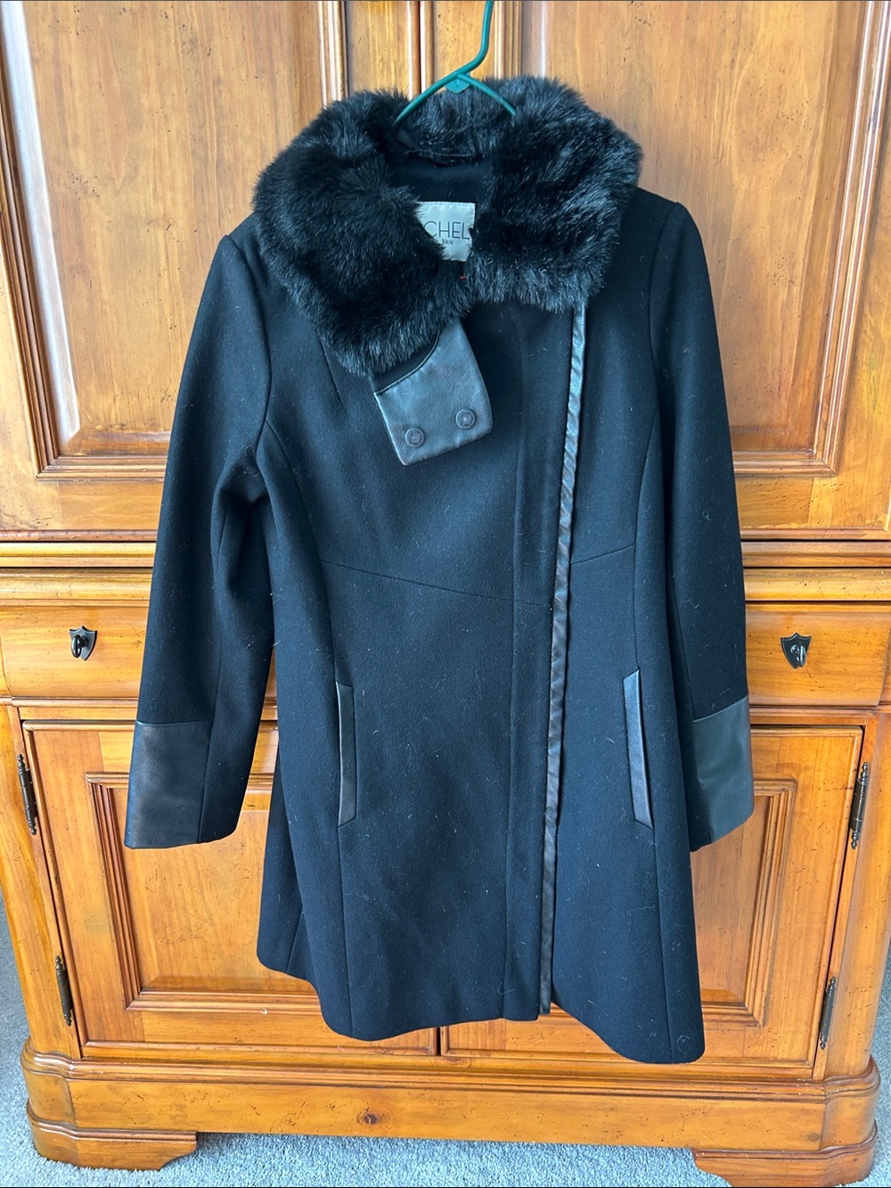 RACHEL Rachel Roy Black Wool-Blend Pea Coat with Faux Fur Collar